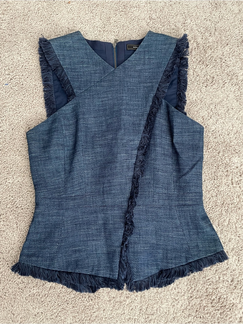 BCBGMAXAZRIA Blue Tweed Fringed Peplum Top Cut Out Elastic Strappy Back